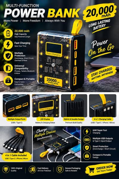  Title 20,000mAh Fast Charging Power Bank | 4-in-1 Cable | Type-C