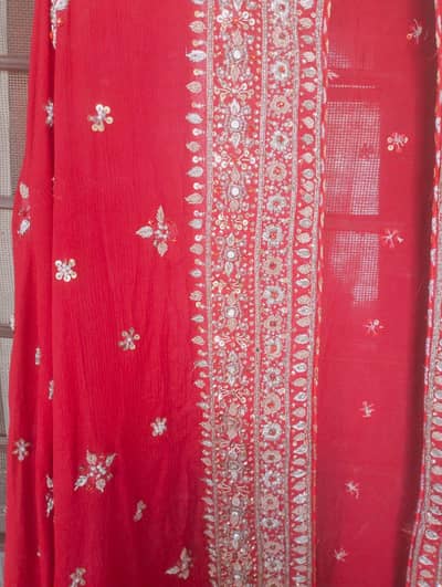 Red Pure Crinkle Embroidered 3-Piece Dress – Medium