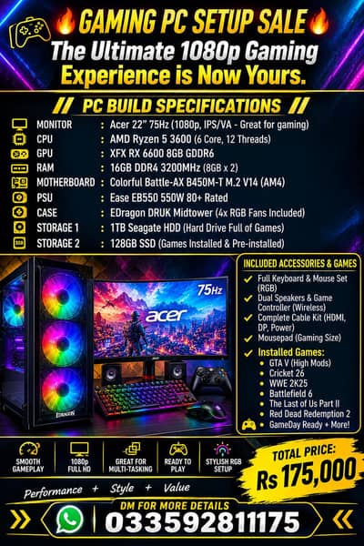 Gaming PC Full Setup Ready to Play RX 6600 16GB RAM RGB Build