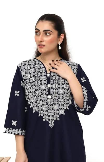Stunning Women,s Stitched Embroidered Linen Suit -  Set in Blue