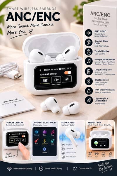 Smart ANC/ENC Wireless Earbuds with Touch Display