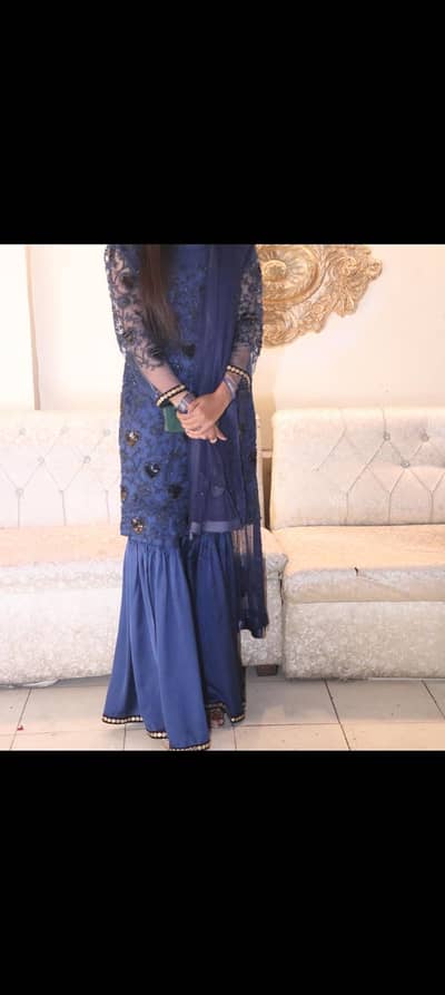 Royal blue with Black embroidery shirt with gharara and dobatta