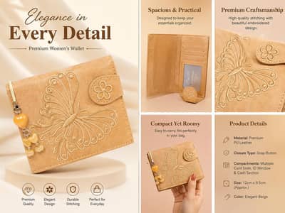 Elegant Beige Women’s Wallet – Premium Embroidered Butterfly Design