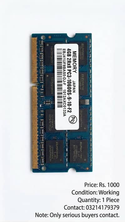 4GB DDR3 Laptop RAM 1333MHz (PC3-10600S) - Tested & Working