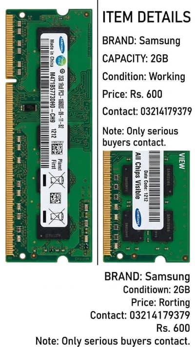 Samsung 2GB DDR3 Laptop RAM 1333MHz (PC3-10600S) - Tested & Working
