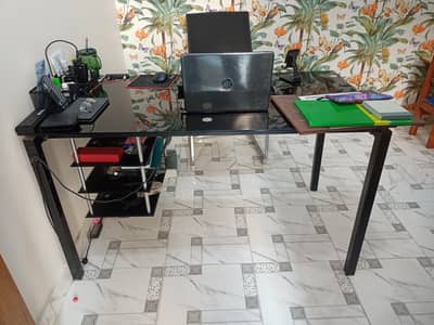 Tempered Glass Desk with Shelves in Black