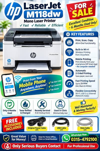 HP m118DW Printer, Double Side, Bluetooth, 6 month use, just like new
