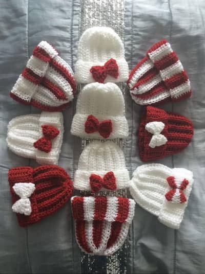 Handmade Crochet Baby Cap with Bow - Red & White - 0 to 12M
