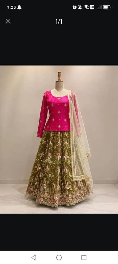 pink kurti with olive lehnga