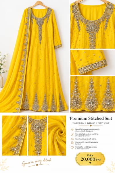 Premium Mustard Yellow Embroidered Formal Suit – 3 Piece | 20,000 PKR
