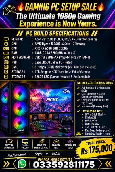 Gaming PC Full Setup Ready to Play RX 6600 16GB RAM RGB Build