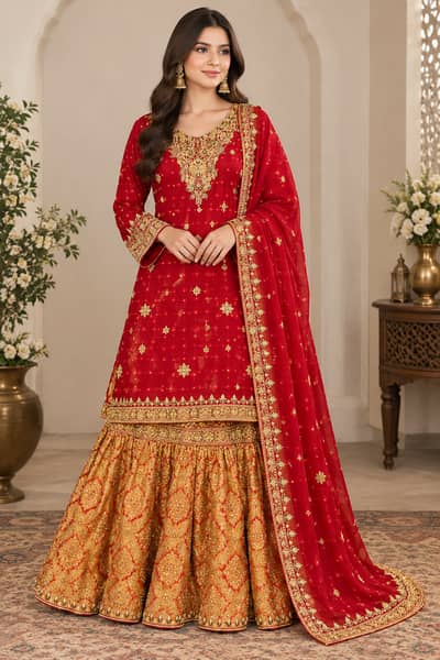 Elegant Baraat Dress – Red & Golden 3-Piece Lehenga