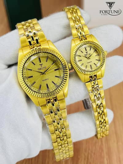 Unisex Gold Brass Couple Watch Set with Chain Strap
