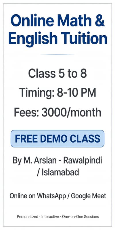 Online tution Class 5 to 8 Math and English Rawilpindi at 8 to 10 PM