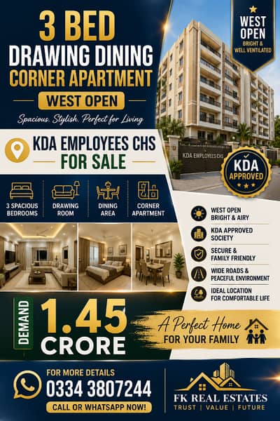 Leased 3 Bed Drawing Dining Flat for Sale KDA Society 15A, Scheme 33