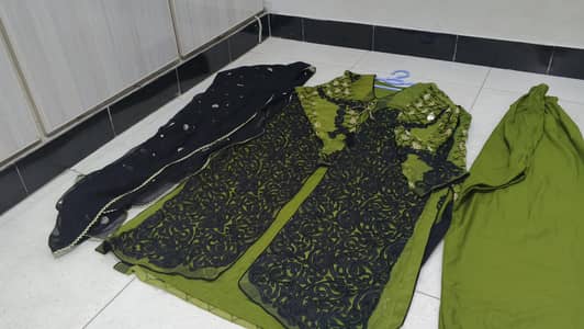 Olive Green 3-Piece Suit with Black Net Embroidery & Sequin Dupatta