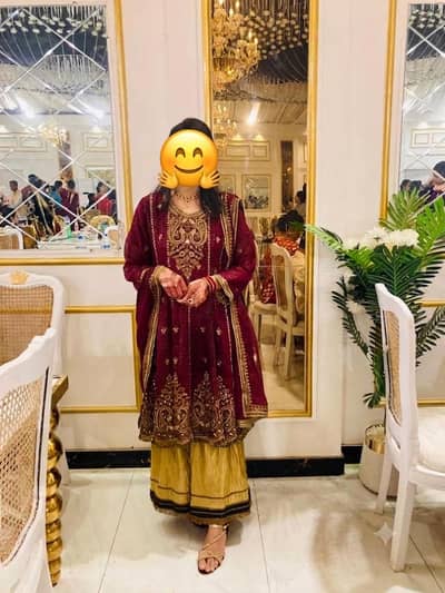 kashee's style designer Maroon Short frock with lace embroidery duptt