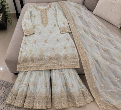 Light Silver Sage 3-Piece Embroidered Sharara Suit- Nikkah/wedding