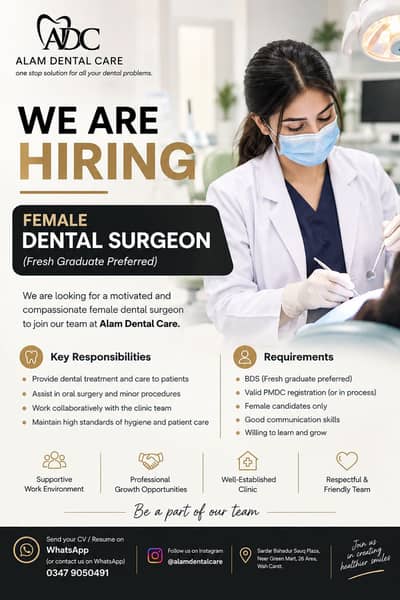 Female Dentist Required for a Clinic in wah cantt