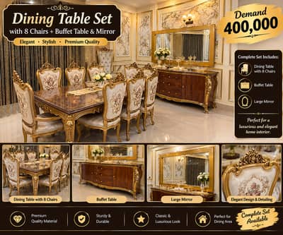 Dining table - 8 Chairs Dining Buffet Table And Mirror For Sale