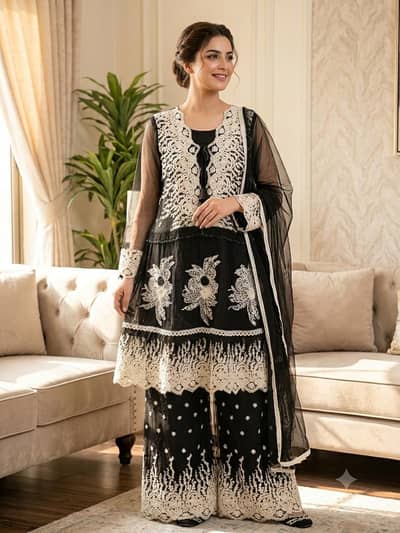 Black net A line 3 piece dress