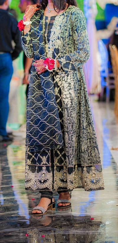 Black and white pearls Embroidered Organza Frock