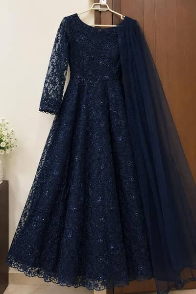 Navy Blue Heavy Embroidered Maxi Dress. with Duptta and Capri
