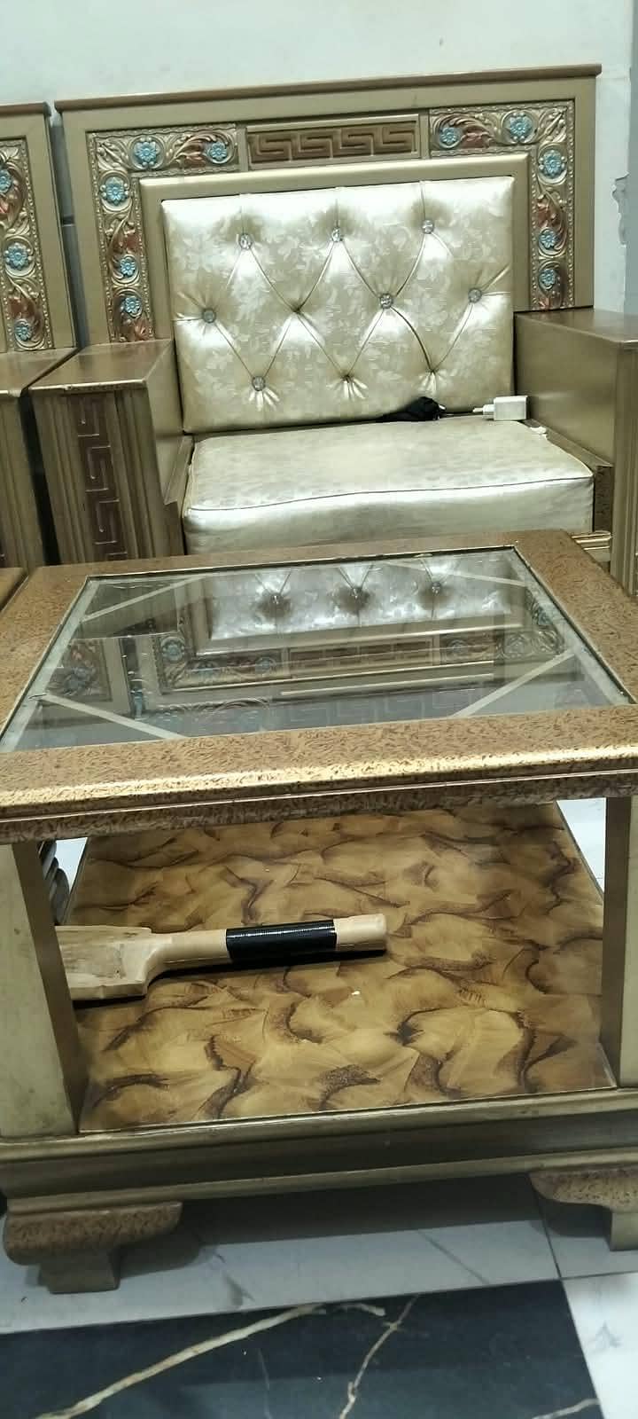 Six setter sofa set with 2 small tables and one large table. 4