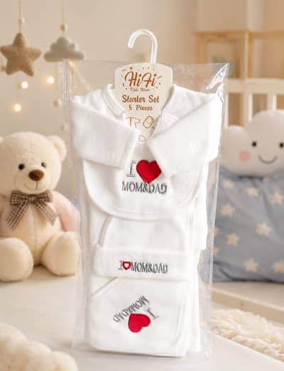 Newborn Baby 5 Piece Starter Set - Premium Quality (I Love Mom & Dad[