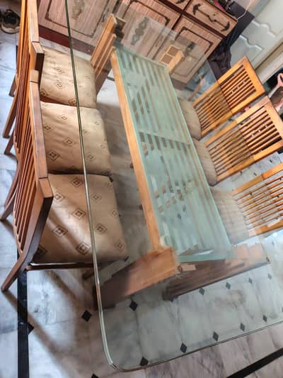 Pure Wooden Dining Table with 6 Chairs & Glass Top – Excellent Set