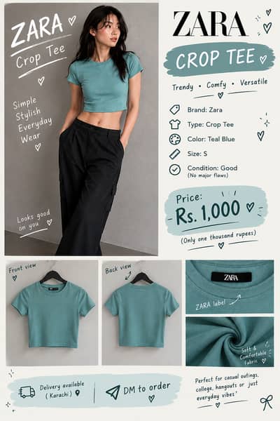 Zara Crop Tee | Size S | Teal Blue | Rs. 1,000