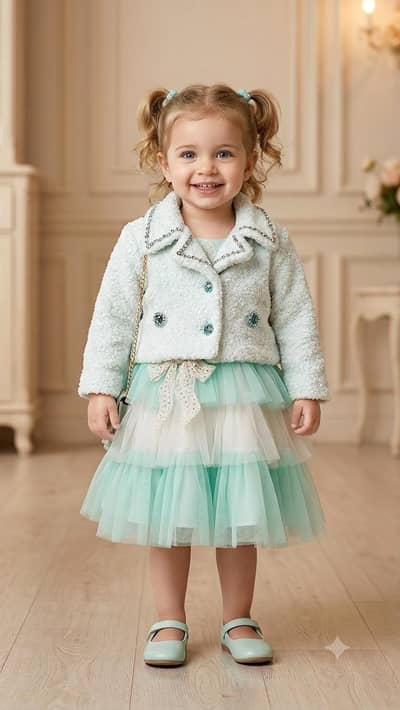 Frill style frock with fluffy jacket 2 in 1 collection