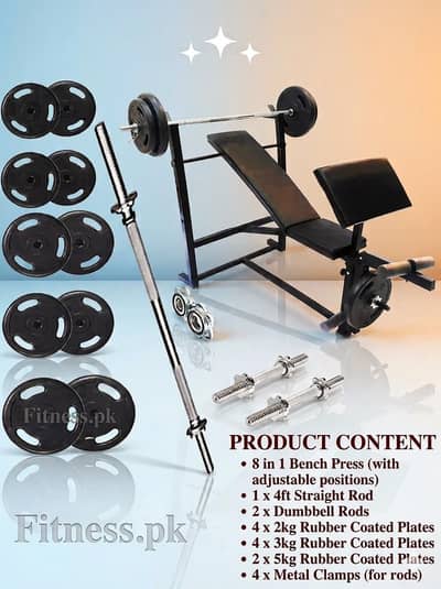 38kg 8 in 1 Bicep Curl Bench Press Rubber Coated Weight Plates Dumbbel