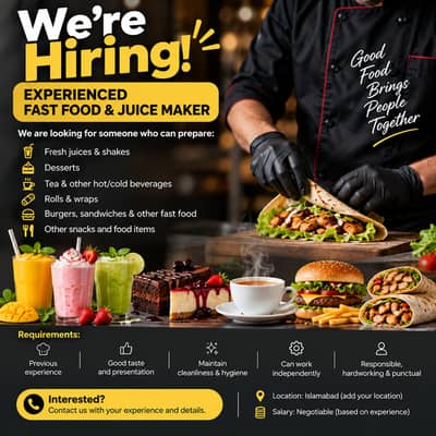 Experienced Fast Food & Juice Maker Required