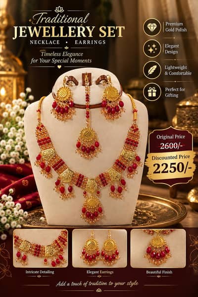 Traditional Gold-Polish Jewellery Set | Necklace, Earrings & Tikka