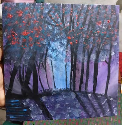 Handmade Night Forest Acrylic Canvas Painting