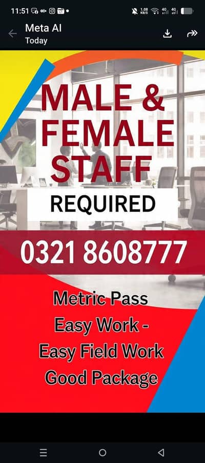 Male / female staff required for marketing sales and office work