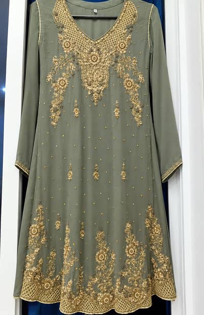 Elegant Olive Green Heavy EmbroideredDress