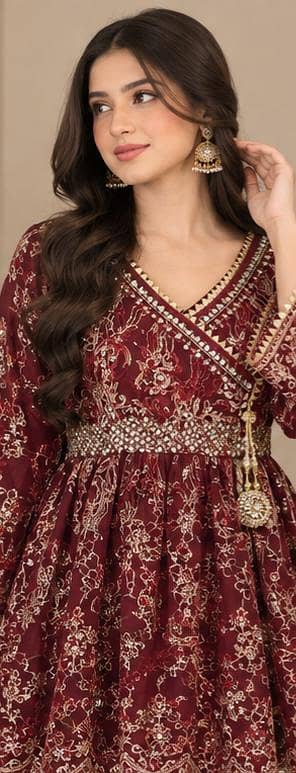 “Beautiful Maroon Heavy Embroidered Formal Dress – Pre-Loved”