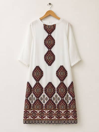 Elegant White & Meroon Embroidered Dress