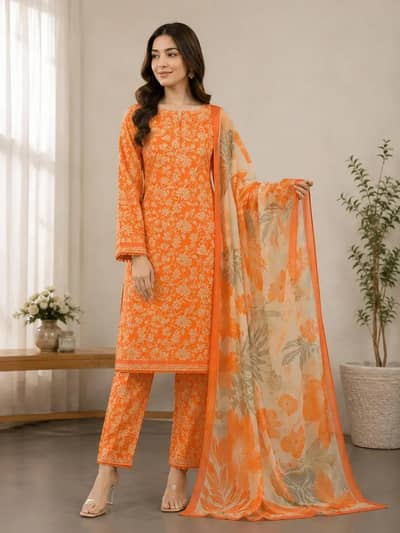 Orange Printed Lawn 3Pcs Set for Women