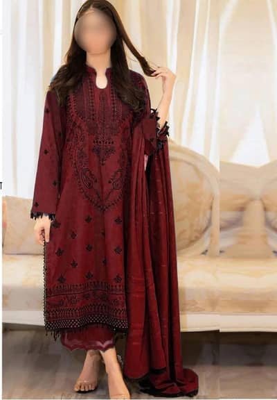 mahroon 3 pc dress with Lawn dubta full embroidered