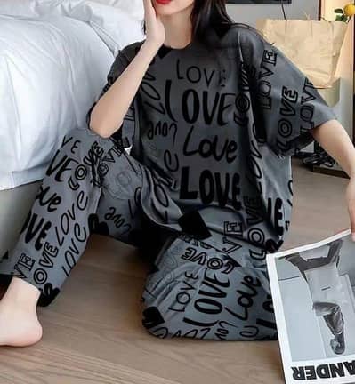Stylish Printed Cotton Jersey Night Suit - 2 Pcs Set