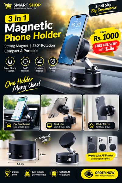 3-in-1 Magnetic Phone Holder – 360° Rotatable & Fold