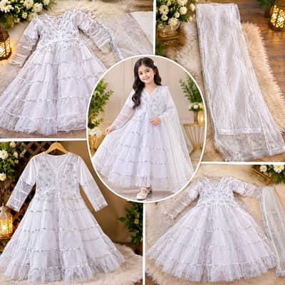 Elegant White Handcrafted Girls Dress | Custom Stitched Party Wear