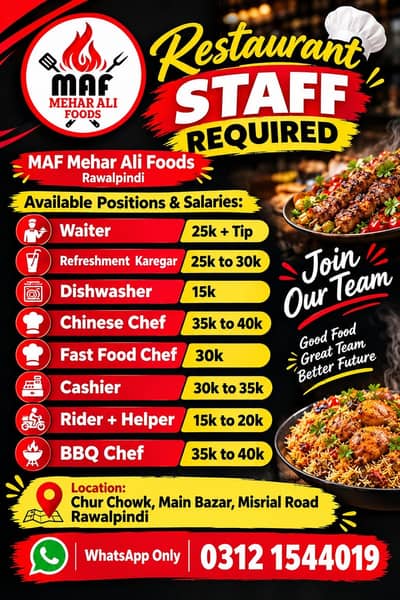 Restaurant staff required | Cashier Waiter Chefs, Dishwasher ,rider