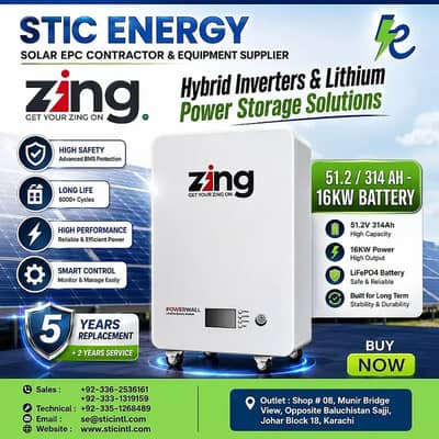 ZING 51.2V 314Ah 16kW Lithium Battery | Solar Powerwall Karachi