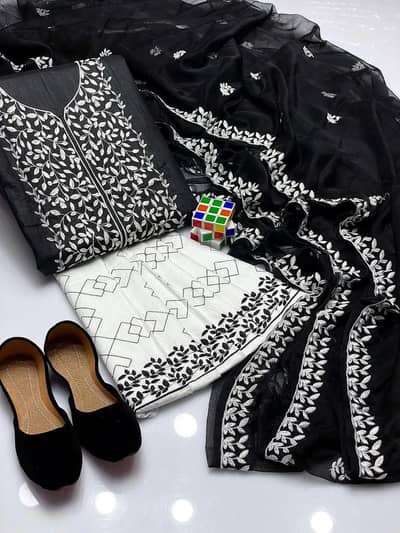 Black Leaf Embroidered 3-Piece Women Suit with Khussas