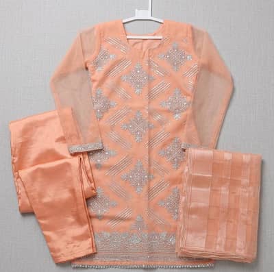 Stitched Fancy 3 Piece organza dress with jaquard dubata & trouser