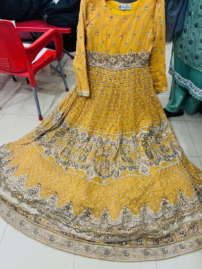 Heavy silver work yellow maxi/ MehndiAnarkali  suit